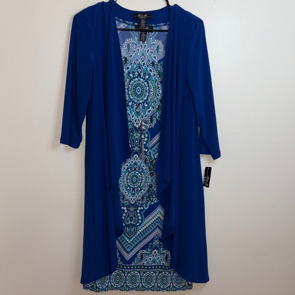 R & M Collection Blue Multicolor Printed Dress and Cardigan Set
